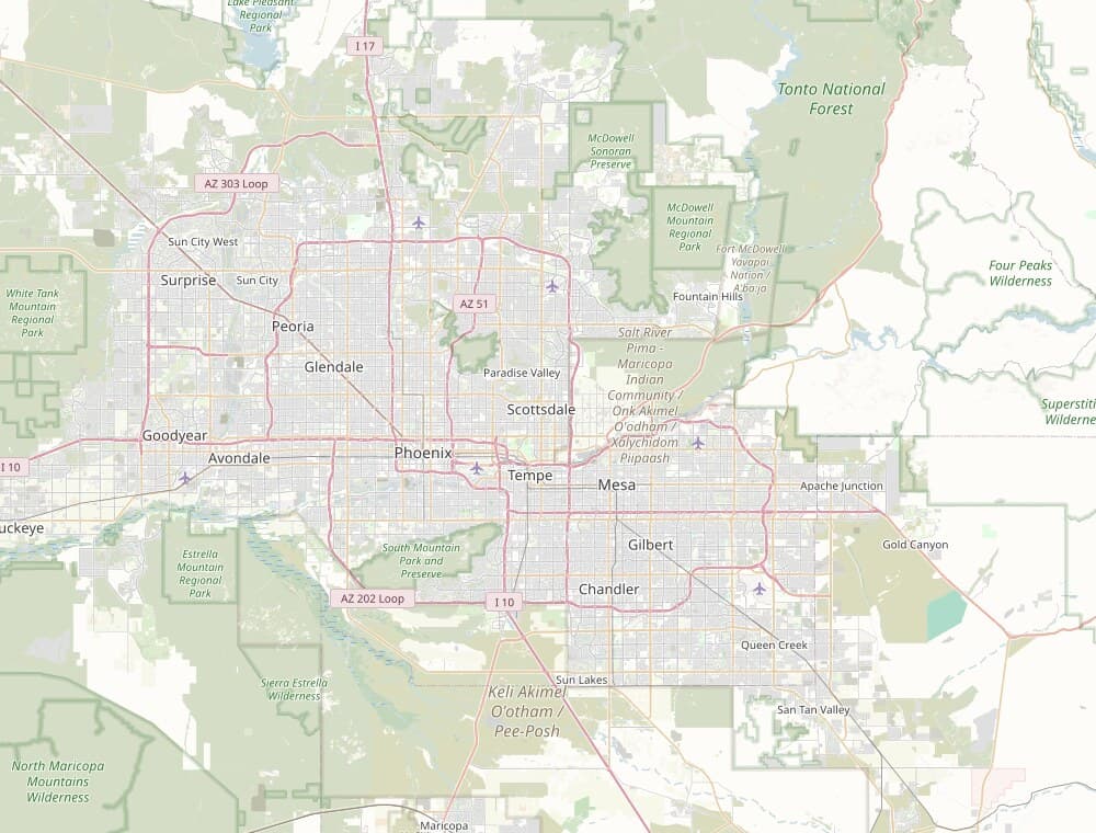 Map of the Phoenix metro area with the freeway network highlighted, covering Phoenix, Glendale, Peoria, Scottsdale, Tempe, Mesa, Gilbert, and Chandler